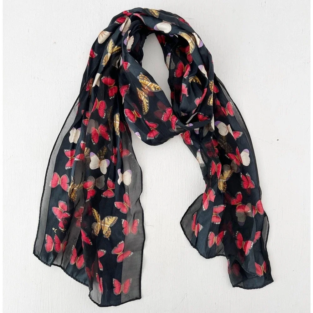 Echo Scarf Black Red Gold Butterfly Print 100% Silk Sheer Lightweight